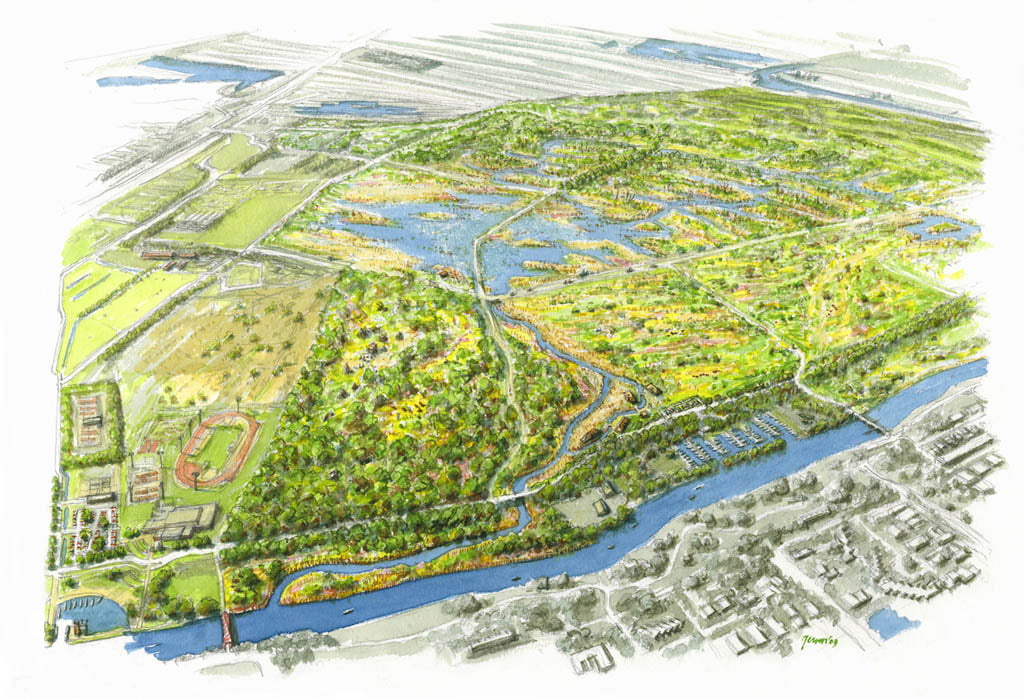 Artist impression in vogelvlucht van de Broekpolder in Vlaardingen met water, natuur en sportparken